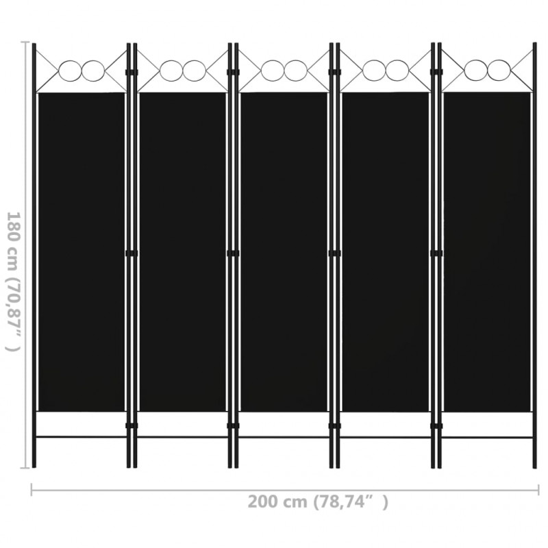 Parawan 5-panelowy, czarny, 200 x 180 cm