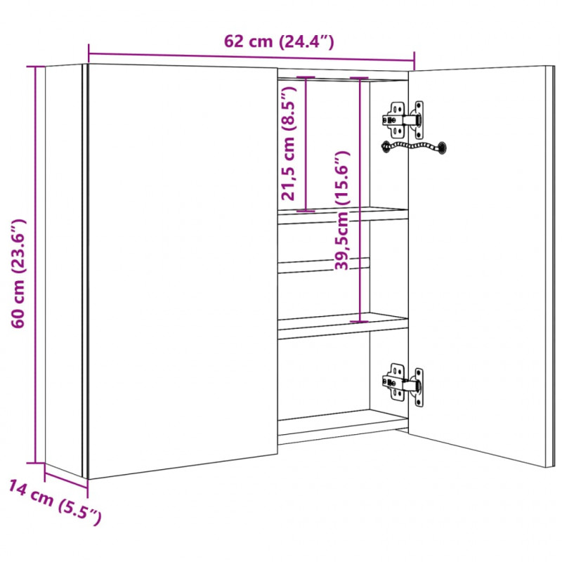 Szafka łazienkowa z lustrem i LED, 60 x 14 x 62 cm