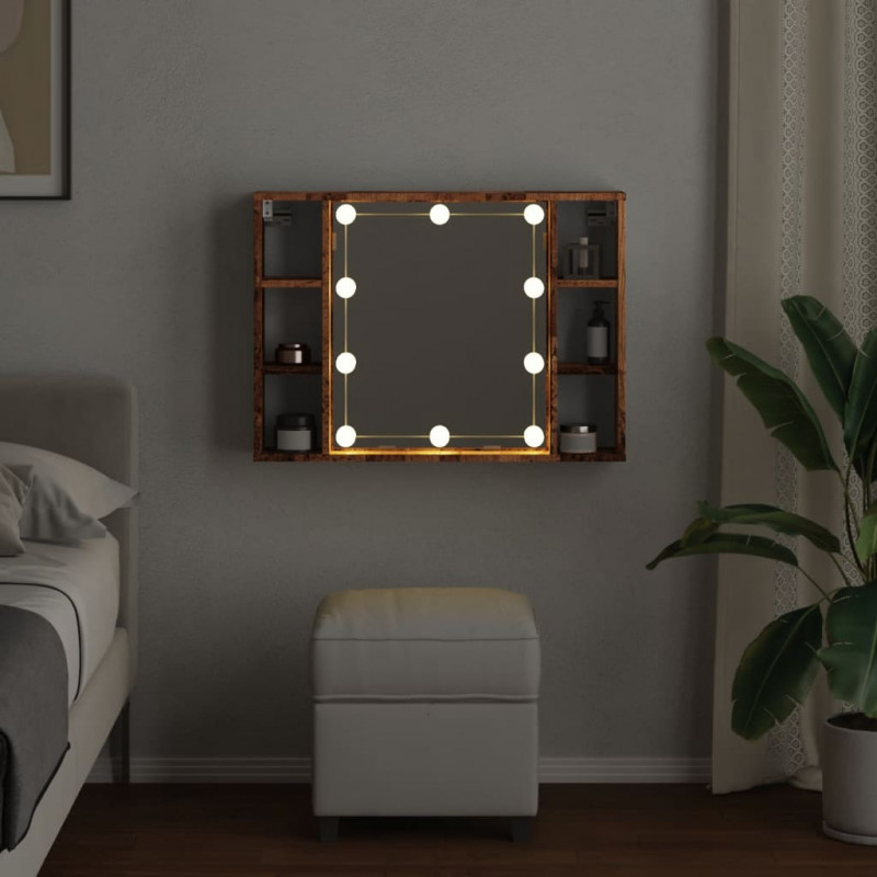 Szafka z lustrem i LED, kolor starego drewna, 76x15x55 cm