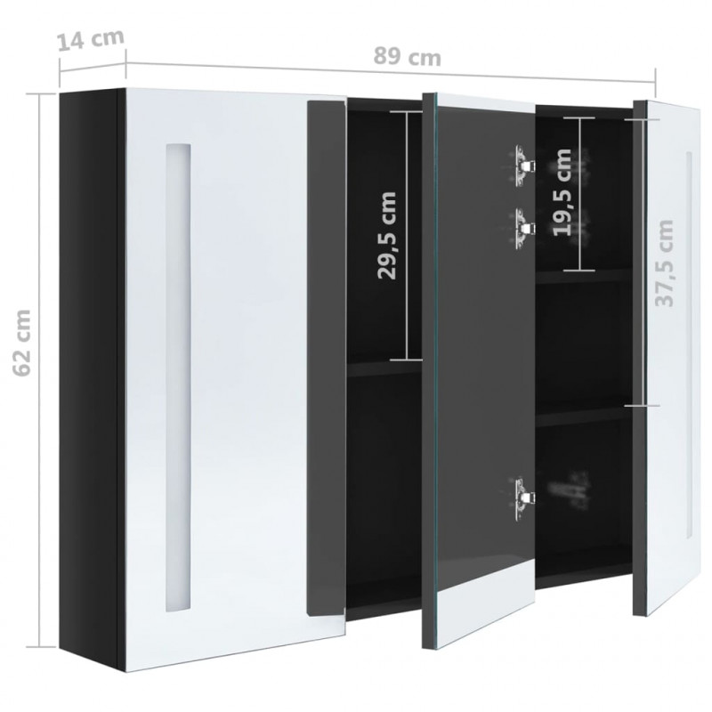 Szafka łazienkowa z lustrem i LED, 89x14x62 cm, lśniąca czerń