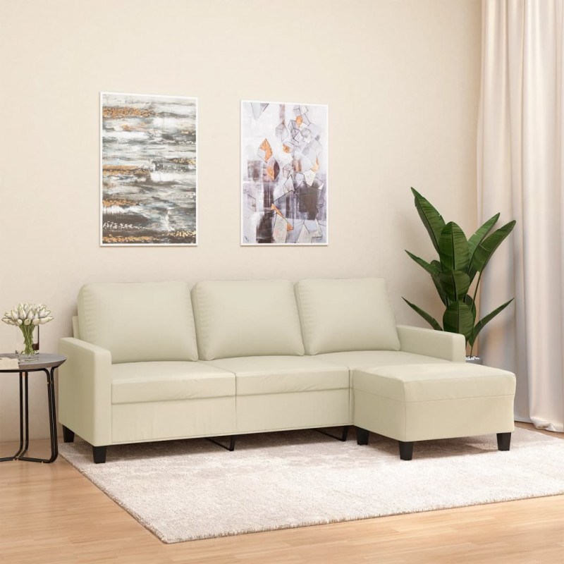 3-osobowa sofa z podnóżkiem, kremowa, 180 cm, sztuczna skóra