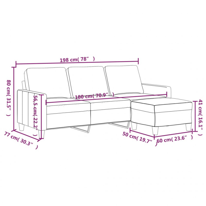 3-osobowa sofa z podnóżkiem, kremowa, 180 cm, sztuczna skóra
