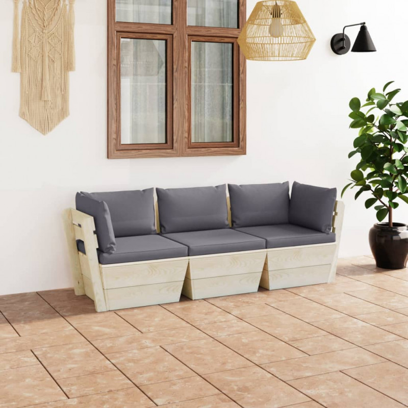 Ogrodowa sofa 3-osobowa z palet, z poduszkami, drewno świerkowe
