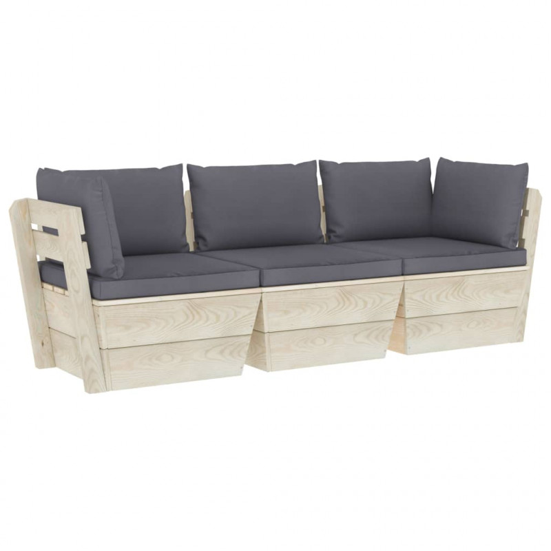 Ogrodowa sofa 3-osobowa z palet, z poduszkami, drewno świerkowe