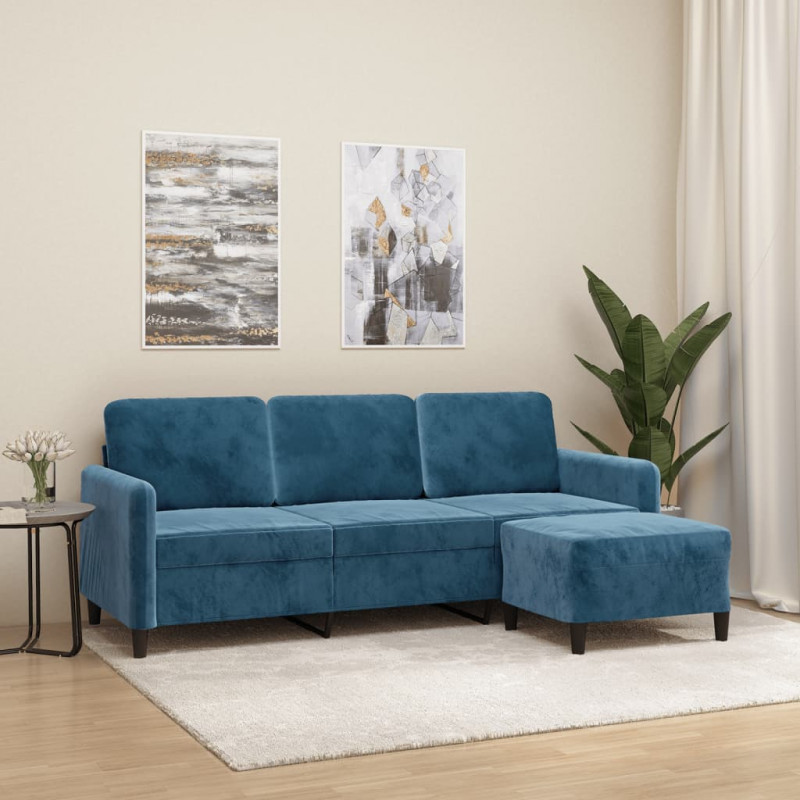 3-osobowa sofa z podnóżkiem, niebieska, 180 cm, aksamit