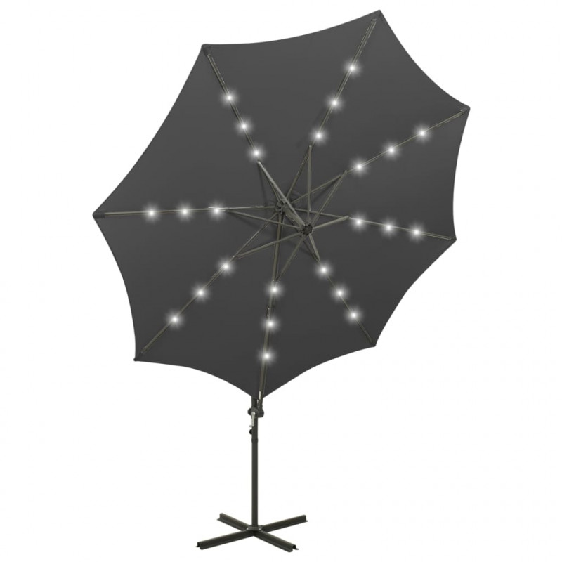 Parasol wiszący z lampkami LED i słupkiem, antracytowy, 300 cm