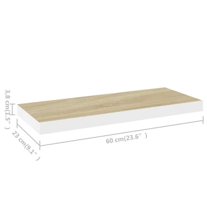 Półki ścienne, 2 szt., dębowo-białe, 60x23,5x3,8 cm, MDF