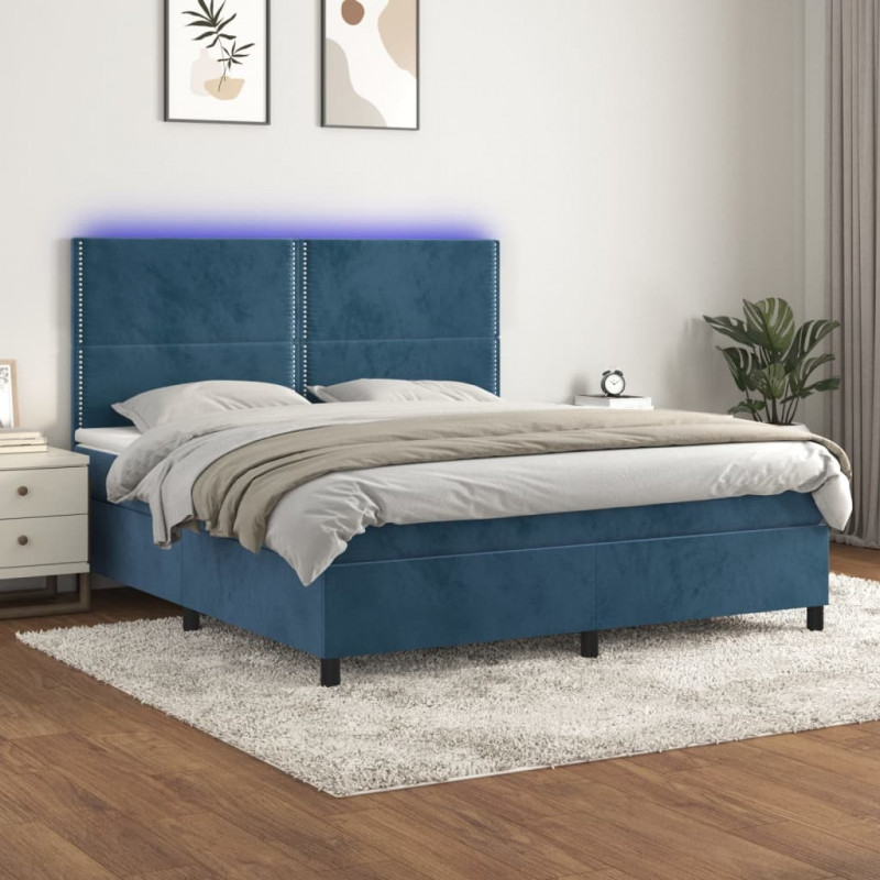Łóżko kontynentalne, materac i LED, niebieski aksamit 180x200cm