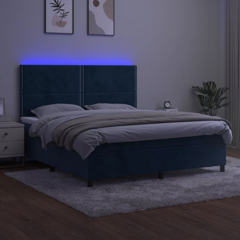 Łóżko kontynentalne, materac i LED, niebieski aksamit 180x200cm