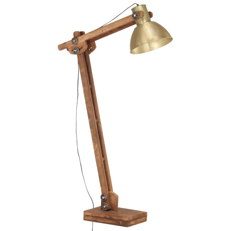 Lampa podłogowa, kolor mosiądzu, E27, lite drewno mango