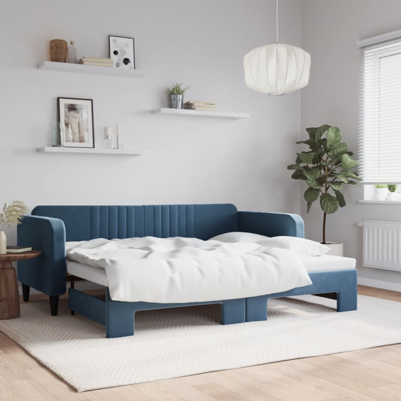 Sofa rozsuwana, niebieska, 90x200 cm, aksamit