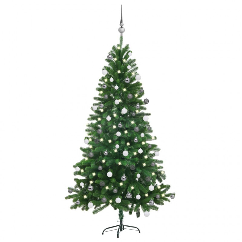 Sztuczna choinka z lampkami i bombkami, 150 cm, zielona