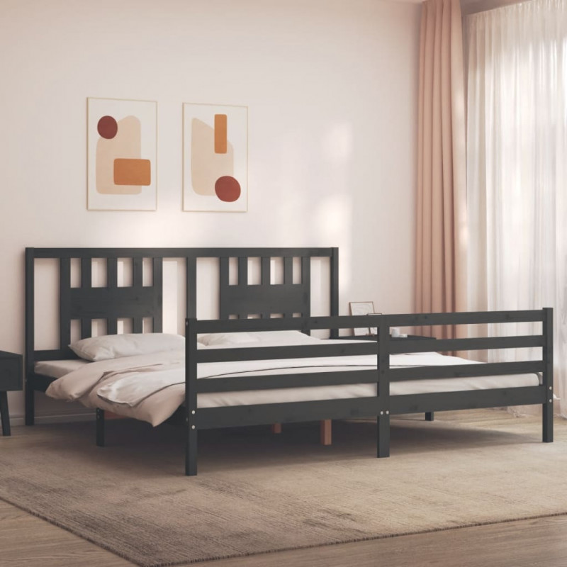 Rama łóżka z wezgłowiem, szara, 200x200 cm, lite drewno