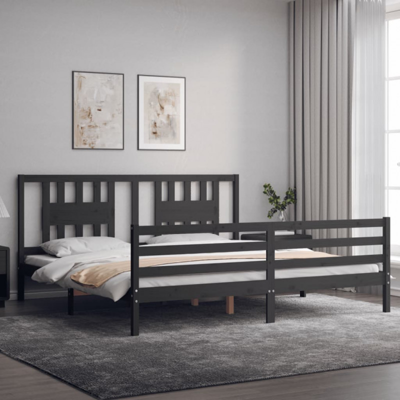 Rama łóżka z wezgłowiem, szara, 200x200 cm, lite drewno
