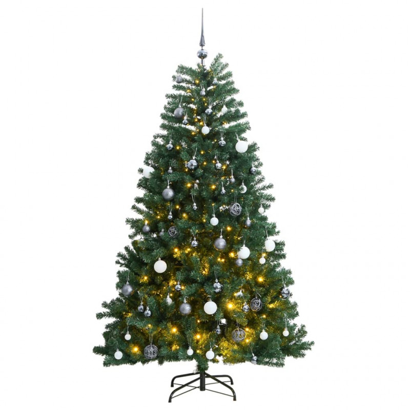 Sztuczna choinka na zawiasach, 300 lampek LED i bombki, 180 cm