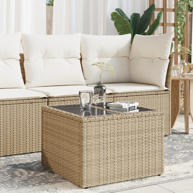 Stół ogrodowy ze szklanym blatem, beżowy 55x55x37 cm, rattan PE