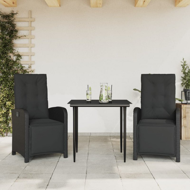 3-cz. zestaw mebli bistro z poduszkami, czarny, polirattan
