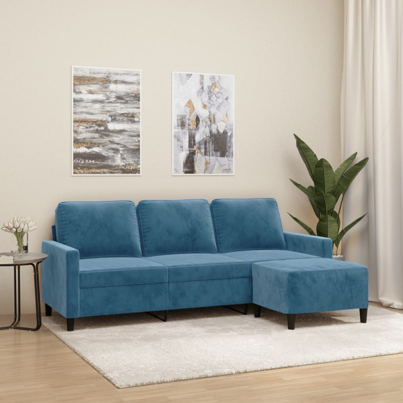 3-osobowa sofa z podnóżkiem, niebieska, 180 cm, aksamit