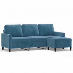 3-osobowa sofa z podnóżkiem, niebieska, 180 cm, aksamit