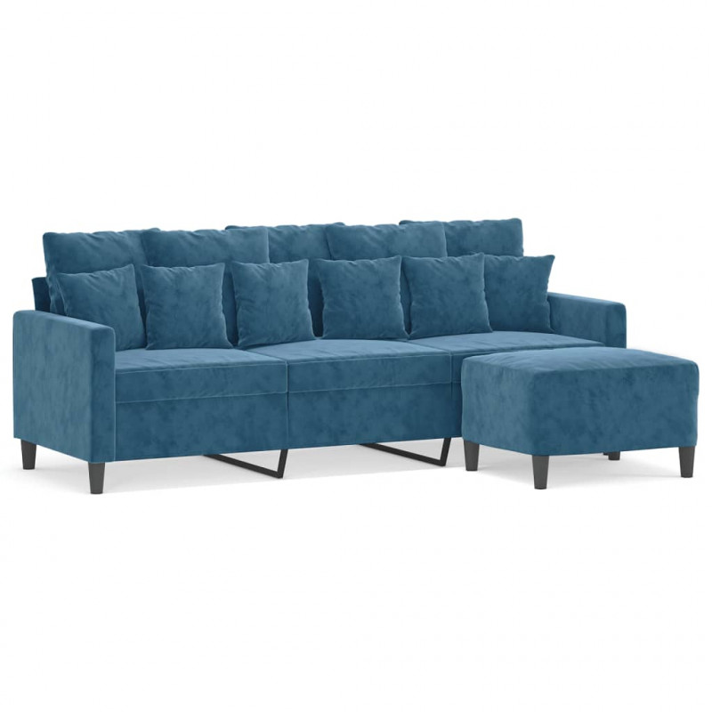 3-osobowa sofa z podnóżkiem, niebieska, 180 cm, aksamit
