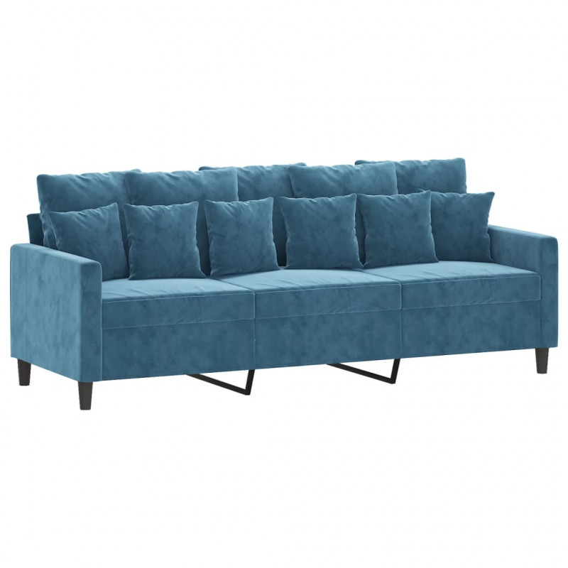 3-osobowa sofa z podnóżkiem, niebieska, 180 cm, aksamit