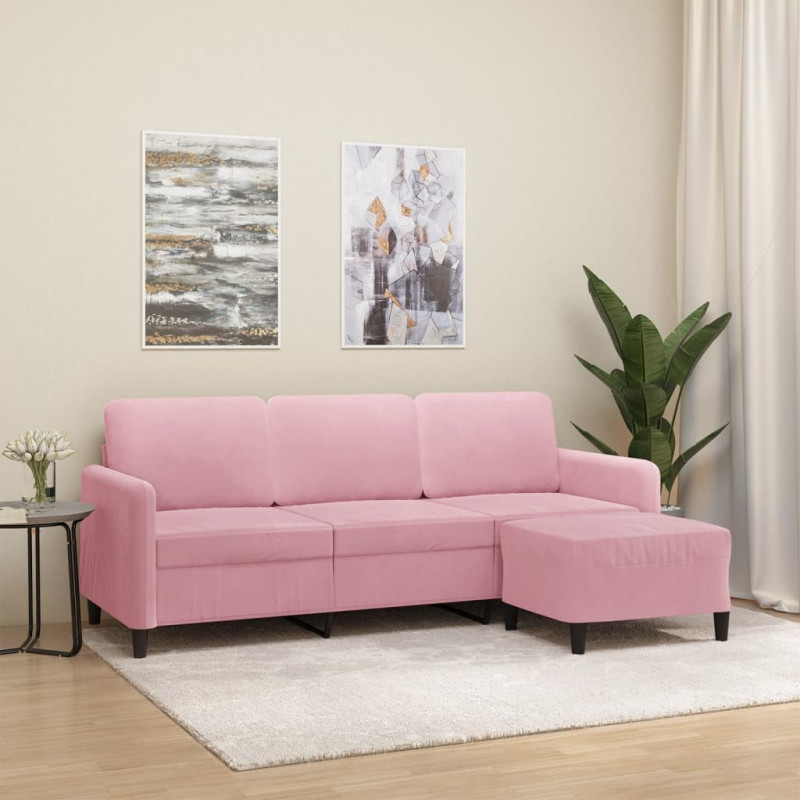 3-osobowa sofa z podnóżkiem, różowa, 180 cm, aksamitem