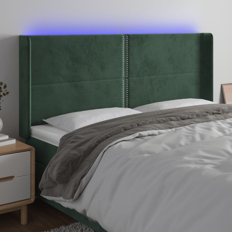 Zagłówek do łóżka z LED, ciemnozielony 183x16x118/128cm aksamit