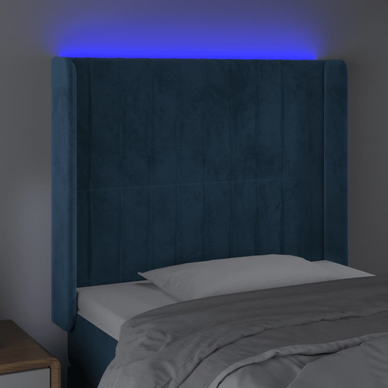 Zagłówek do łóżka z LED ciemnoniebieski 83x16x118/128cm tkanina