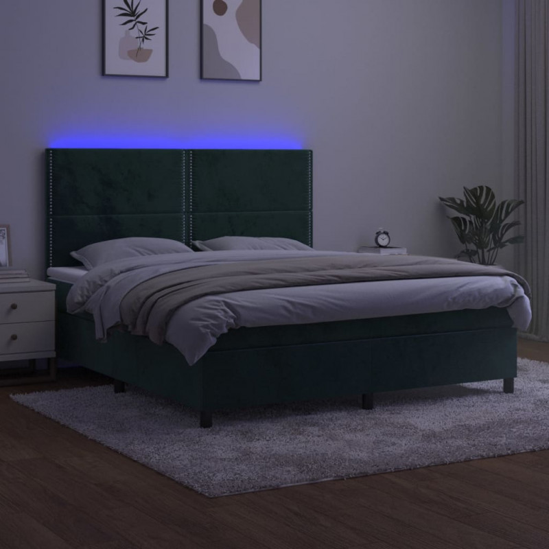 Łóżko kontynentalne z materacem i LED zielony aksamit 180x200cm
