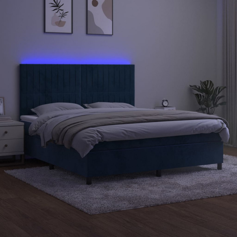 Łóżko kontynentalne, materac i LED, niebieski aksamit 160x200cm