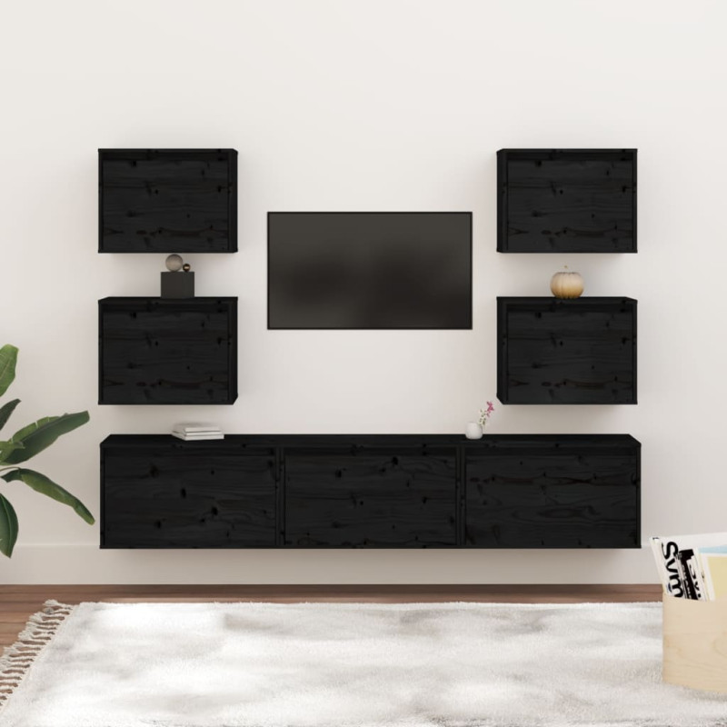 Szafki pod TV, 7 szt., czarne, lite drewno sosnowe