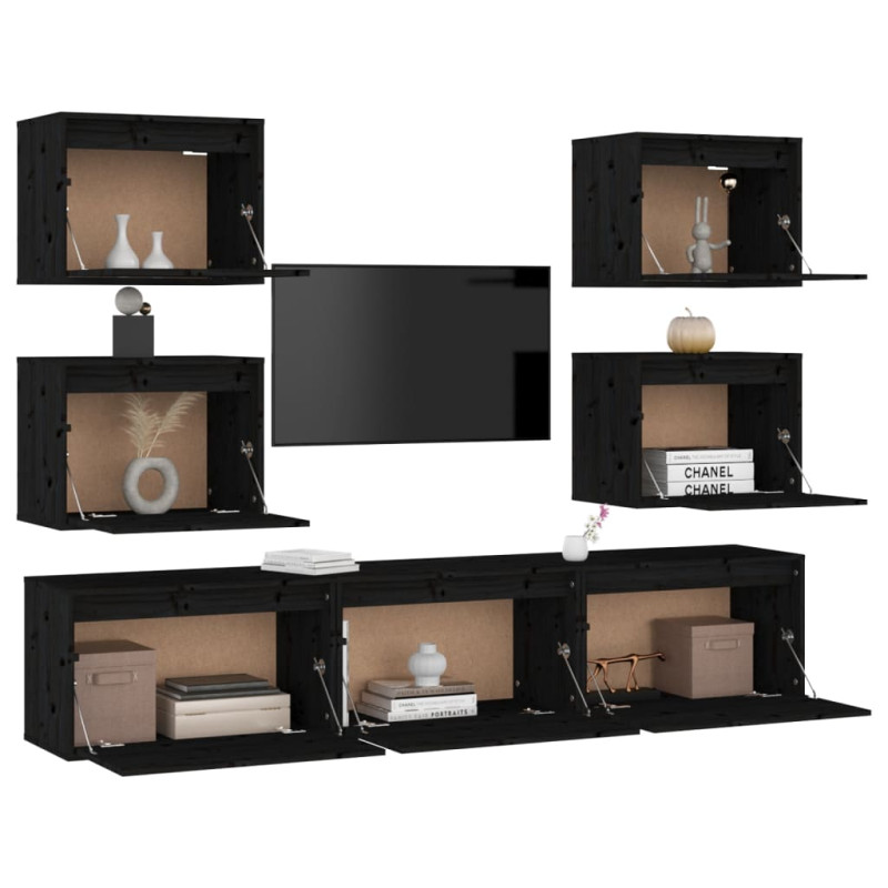 Szafki pod TV, 7 szt., czarne, lite drewno sosnowe