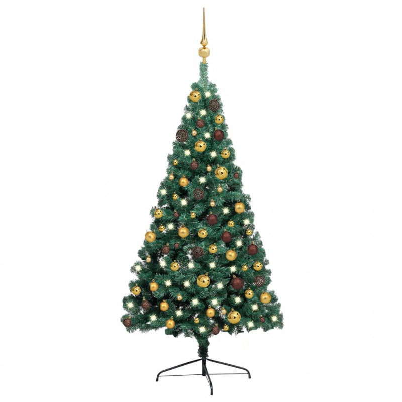 Choinka z lampkami i bombkami, połówka, zielona, 120 cm