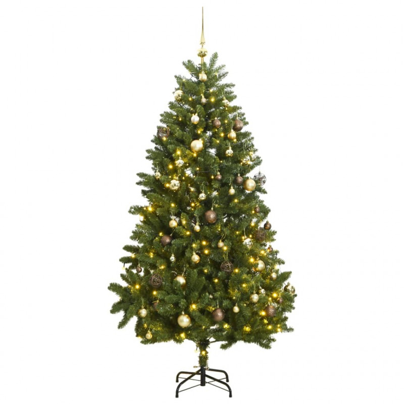 Sztuczna choinka na zawiasach, 300 lampek LED i bombki, 270 cm