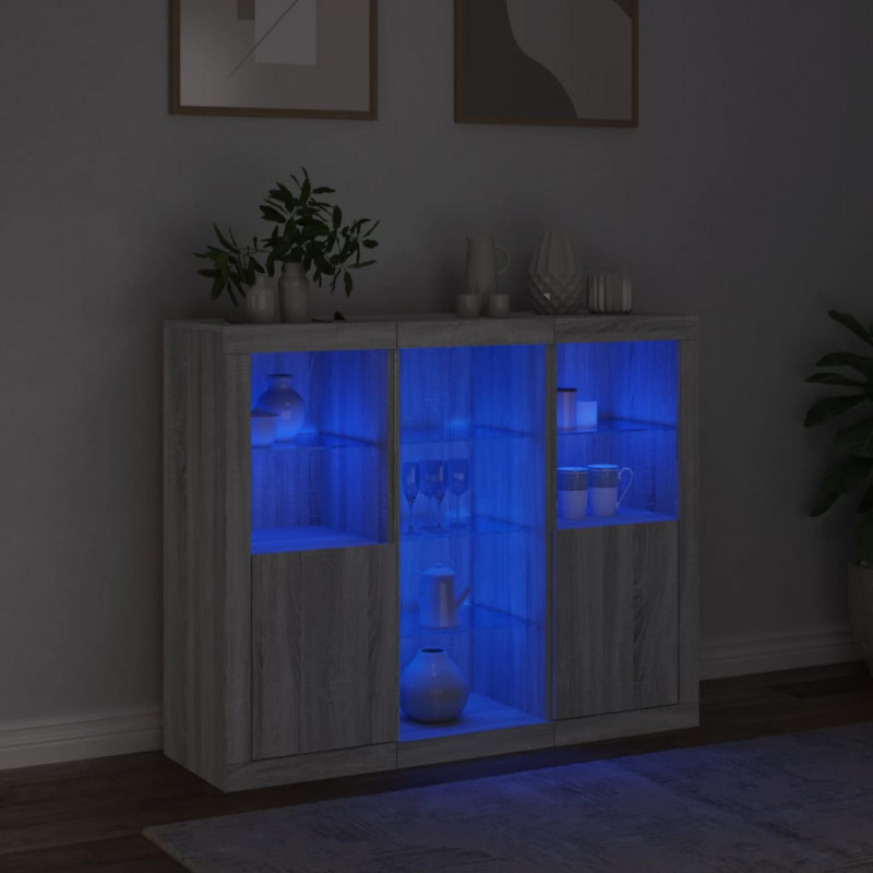 Szafki z oświetleniem LED, 3 szt., szary dąb sonoma