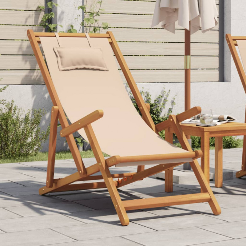 Składane krzesło plażowe, beżowe, drewno eukaliptusa i tkanina