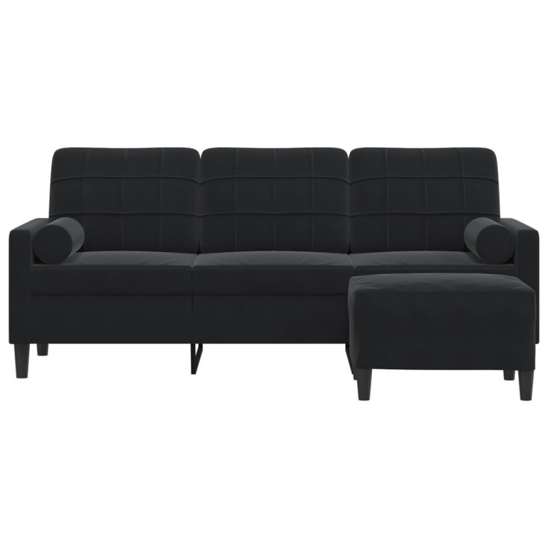 3-osobowa sofa z podnóżkiem, czarna, 180 cm, aksamit