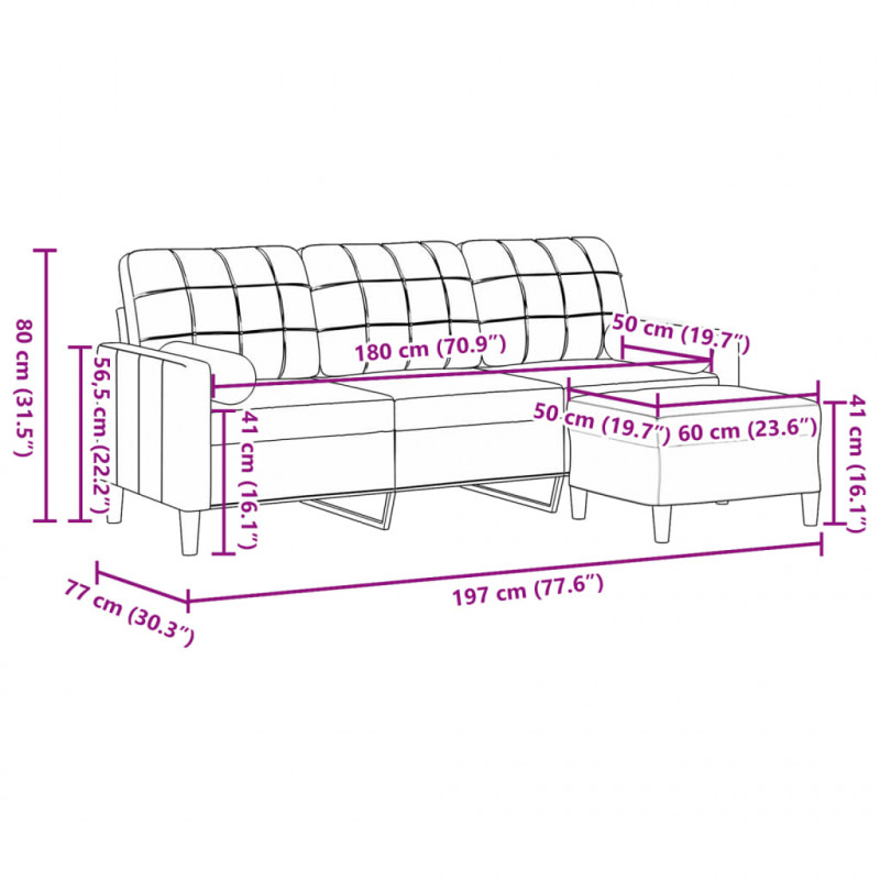 3-osobowa sofa z podnóżkiem, czarna, 180 cm, aksamit