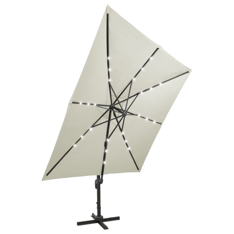 Parasol wiszący z lampkami LED i słupkiem, 300 cm, piaskowy