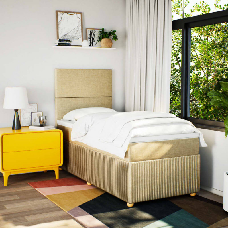 Łóżko kontynentalne z materacem, kremowe, tkanina, 90x190 cm