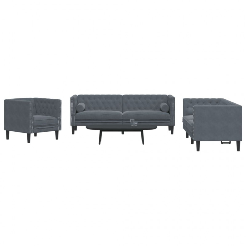 3-cz. wypoczynek Chesterfield z wałkami, ciemnoszary, aksamit