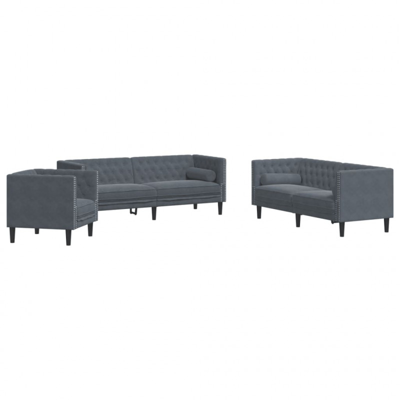 3-cz. wypoczynek Chesterfield z wałkami, ciemnoszary, aksamit
