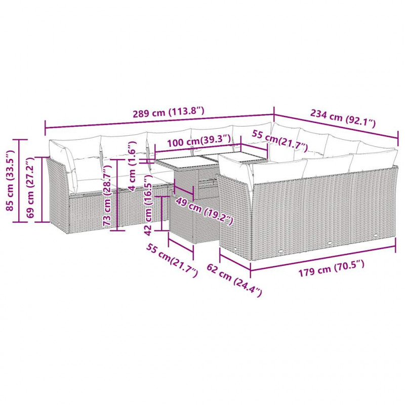 11-cz. zestaw mebli ogrodowych z poduszkami, beżowy, polirattan