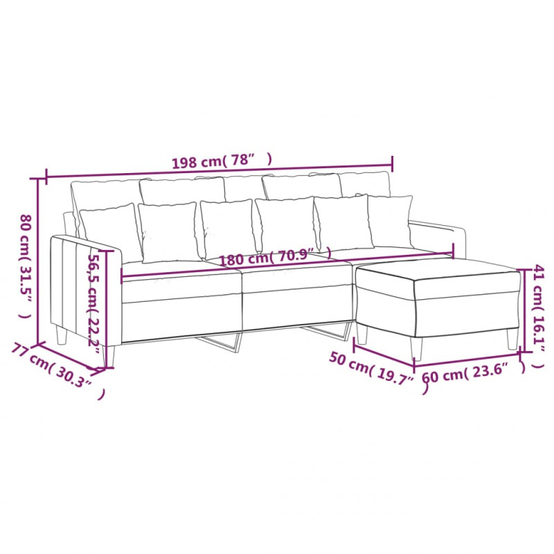 3-osobowa sofa z podnóżkiem, jasnoszara, 180 cm, aksamit