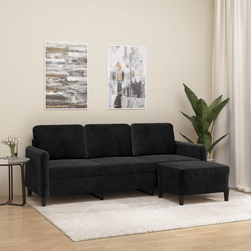 3-osobowa sofa z podnóżkiem, czarna, 180 cm, aksamit