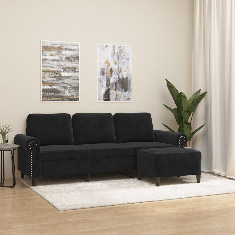 3-osobowa sofa z podnóżkiem, czarna, 180 cm, aksamit