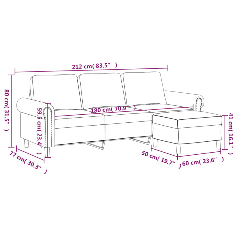 3-osobowa sofa z podnóżkiem, czarna, 180 cm, aksamit