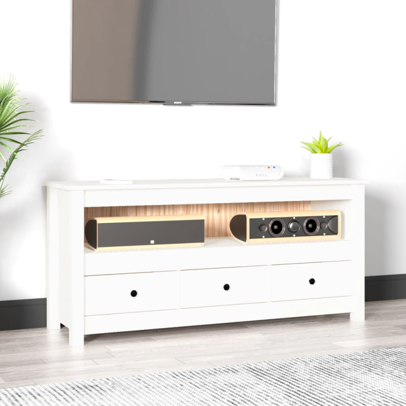 Szafka pod telewizor, biała, 114x35x52 cm, lite drewno sosnowe