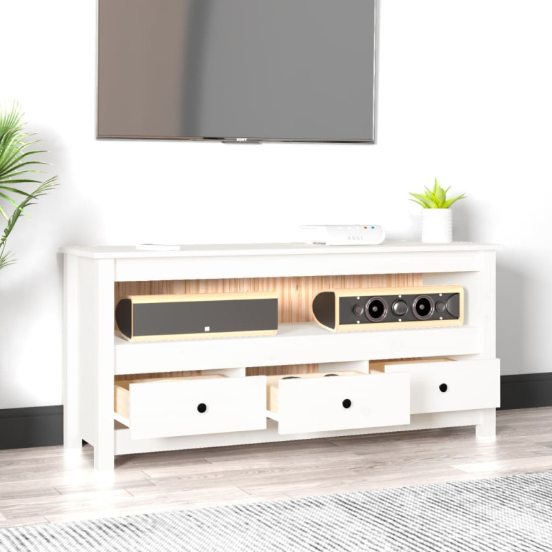 Szafka pod telewizor, biała, 114x35x52 cm, lite drewno sosnowe