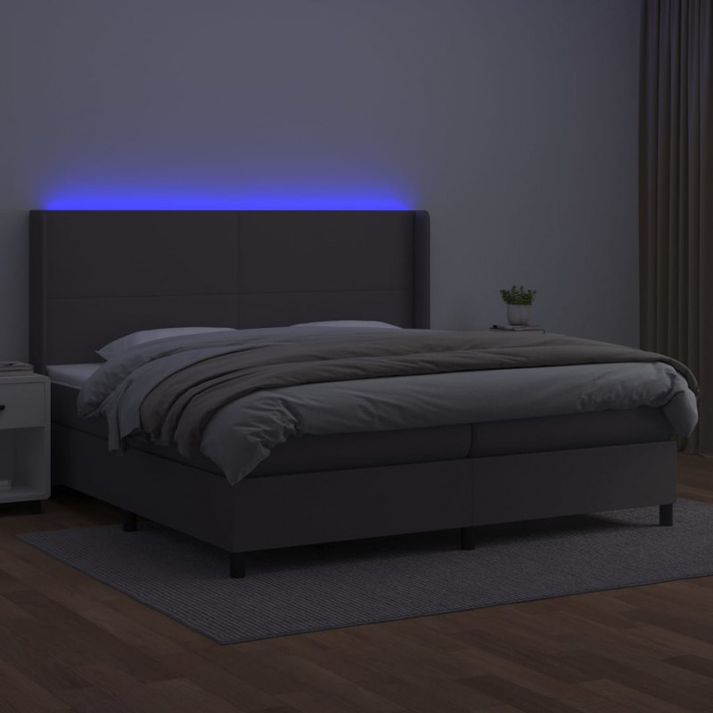 Łóżko kontynentalne z materacem i LED, szara ekoskóra 200x200cm